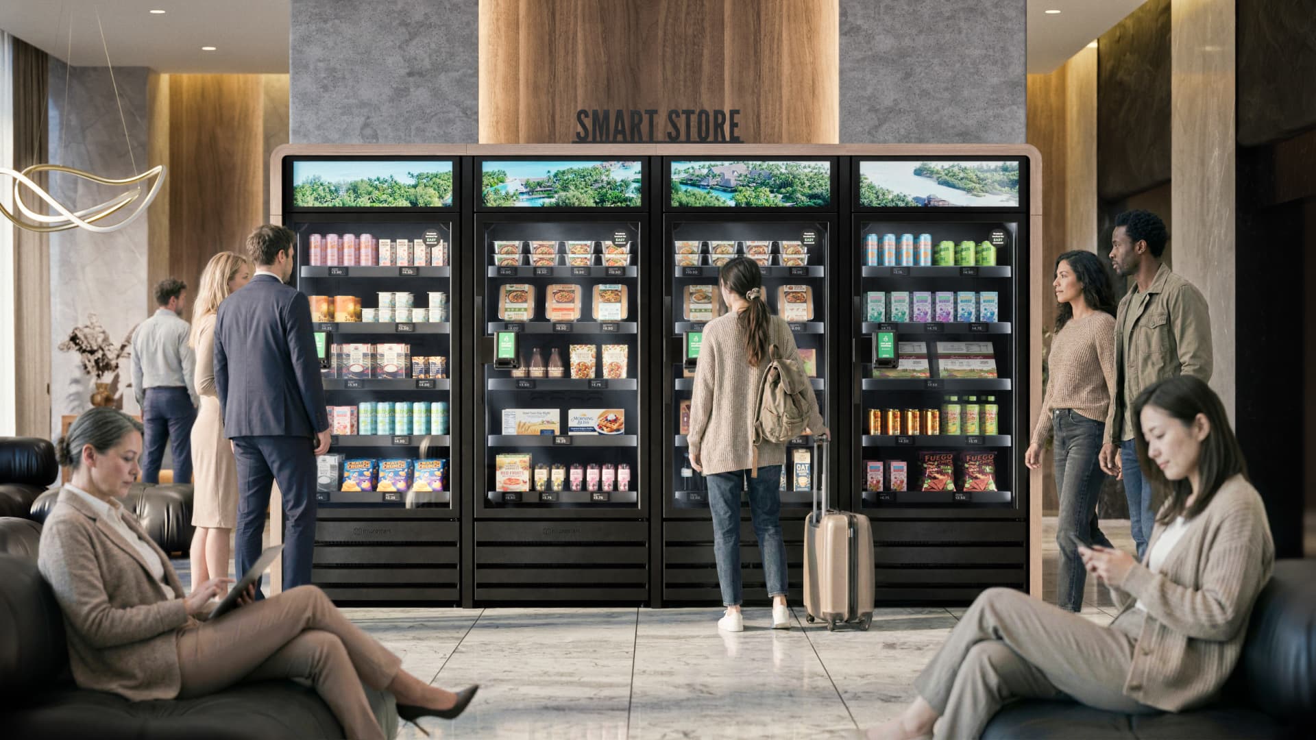 ARC Vending smart micromart machine with a glass front and touchscreen in a modern office kitchen