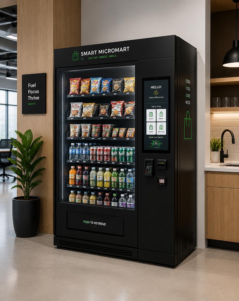ARC Vending smart micromart machine with a glass front and touchscreen in a modern office kitchen